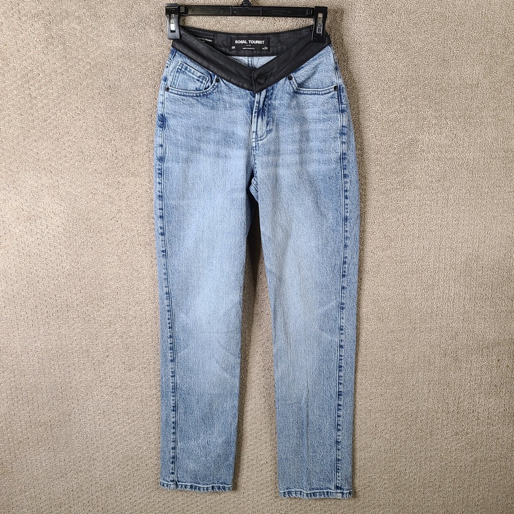 SOCIAL TOURIST Jeans Womens 0R Blue Ultra High Rise Straight Light‎ Wash Denim